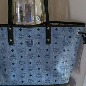 MCM Blue and Black Satchel with Signature Monogram